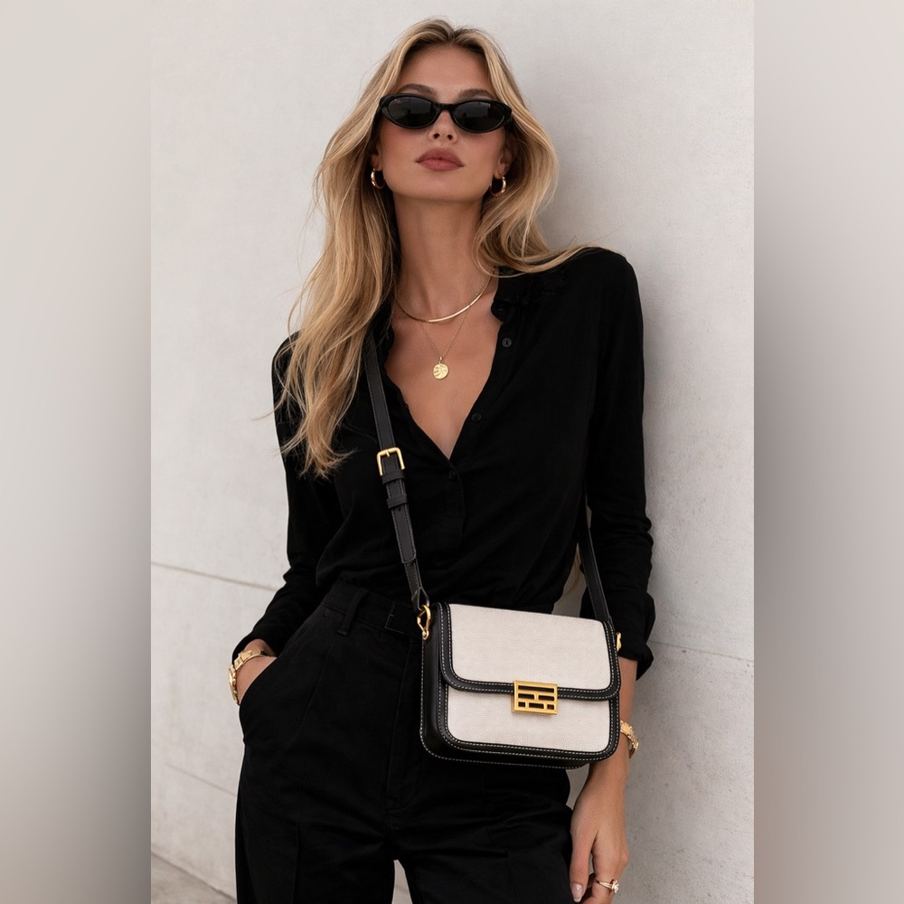 FRAME Le Signature Mini Bag Black Cream Canvas Leather Crossbody Brass Hardware